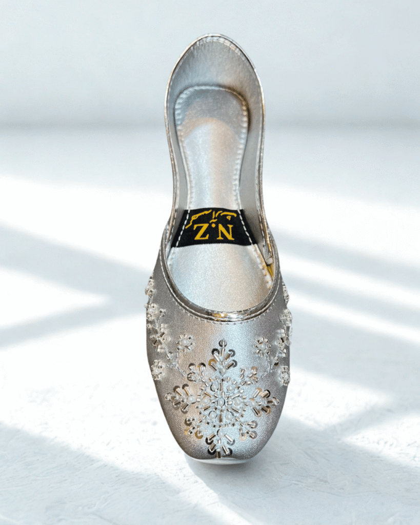 handmade ladies khussa – traditional flat beaded shoes – available in silver, golden & bronze